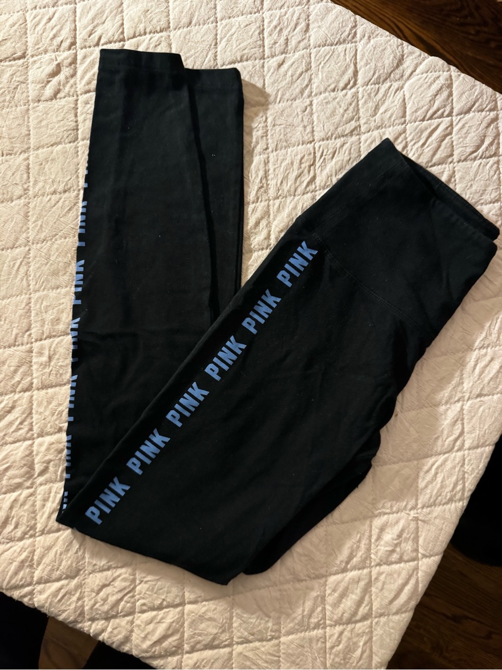 PINK Victoria's Secret Women’s Black Leggings with Blue Logo Stripe